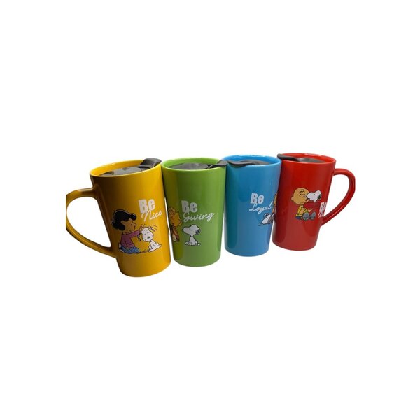 Peanuts Ceramic Travel Mugs/M1Cups Set Of 4 With Lids Inspiration Cartoon Snoopy - Picture 2 of 12